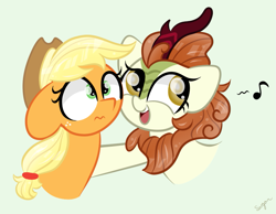 Size: 921x713 | Tagged: safe, artist:sugarcloud12, derpibooru import, applejack, autumn blaze, earth pony, kirin, pony, duo, music notes