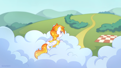 Size: 2560x1440 | Tagged: safe, artist:skysorbett, derpibooru import, oc, oc only, oc:firepit home, pegasus, pony, bush, clothes, cloud, commission, cutie mark, female, hill, lying down, lying on a cloud, mare, on a cloud, picnic blanket, road, sky, solo, wallpaper