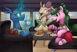 Size: 2500x1700 | Tagged: safe, artist:swasfews, derpibooru import, oc, oc only, changedling, changeling, unicorn, candle, city, cityscape, cup, egg, food, french fries, sandwich, sofa, table, teacup, trio, window