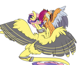 Size: 3893x3292 | Tagged: safe, artist:krissstudios, derpibooru import, fluttershy, scootaloo, pony, alternate hairstyle, augmented, augmented tail, colored wings, multicolored wings, older, simple background, tail, transparent background, wings