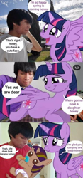 Size: 346x741 | Tagged: safe, derpibooru import, twilight sparkle, twilight sparkle (alicorn), oc, alicorn, human, pony, unicorn, baby, baby pony, bruh, comic, dialogue, diaper, duo, female, filly, foal, horn, irl, irl human, male, photo, pregnant, recolor, speech bubble, spread wings, straight, text, unnamed oc, wat, why, wings