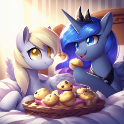Size: 1024x1024 | Tagged: safe, ai content, derpibooru exclusive, derpibooru import, generator:stable diffusion, machine learning generated, derpy hooves, princess luna, alicorn, pegasus, pony, bed, crown, cute, derpabetes, duo, duo female, eating, female, food, herbivore, jewelry, looking at you, muffin, regalia, shipping, tabitha st. germain, tiara, underp, voice actor joke