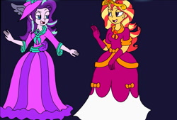 Size: 1135x766 | Tagged: safe, artist:artsymlp12, derpibooru import, edit, rarity, starlight glimmer, sunset shimmer, twilight sparkle, human, equestria girls, blue background, clothes, coronation dress, dress, gown, long dress, possessed, possession, simple background