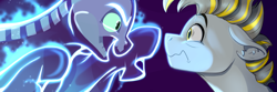 Size: 3000x1000 | Tagged: safe, artist:rutkotka, derpibooru import, oc, oc:circuit breaker, earth pony, ghost, ghost pony, undead, ear fluff, ears, earth pony oc, eye contact, floppy ears, frown, glare, glowing, imminent boop, looking at each other, looking at someone, male oc, purple background, scared, simple background, skull, spooky, wide eyes