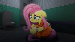 Size: 2550x1440 | Tagged: safe, artist:spellboundcanvas, derpibooru import, fluttershy, pegasus, pony, clothes, fetal position, jail cell, jumpsuit, messy mane, nervous, prison, prison outfit, prisoner, prisoner ft, restraints, sad, scared, solo, toilet, wing cuffs