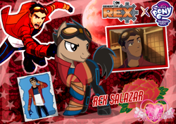 Size: 1000x703 | Tagged: safe, artist:guruyunus17, derpibooru import, earth pony, human, pony, base used, blood moon, clothes, crossover, flower, generator rex, logo, male, moon, open mouth, plant, ponified, red background, rex salazar, simple background, smiling, species swap, stallion, text, wallpaper, watermark