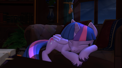 Size: 3840x2160 | Tagged: safe, artist:owlpirate, derpibooru import, twilight sparkle, twilight sparkle (alicorn), alicorn, pony, 3d, 4k, book, bookshelf, cute, female, high res, lying down, mare, prone, sleeping, sofa, solo, source filmmaker, twiabetes, unshorn fetlocks, vase, window