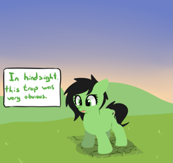 Size: 795x749 | Tagged: safe, artist:neuro, derpibooru import, oc, oc only, oc:anon filly, earth pony, pony, dialogue, female, filly, foal, looking down, pitfall, solo, speech bubble, trap (device)