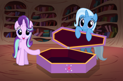 Size: 1636x1080 | Tagged: safe, artist:horses are fuckin weird, derpibooru import, starlight glimmer, trixie, pony, unicorn, bipedal, book, bookshelf, coffin, cute, cutie mark, diatrixes, duo, duo female, female, glimmerbetes, golden oaks library, implied twilight sparkle, looking at you, mare, meme, open mouth, open smile, reference, reference to another series, smiling, spongebob reference, spongebob squarepants, squidward the unfriendly ghost