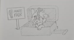 Size: 2048x1124 | Tagged: safe, artist:mkogwheel, derpibooru import, oc, oc only, oc:crow mellow, kirin, cloven hooves, female, glasses, grayscale, kirin oc, mare fair, monochrome, pencil drawing, solo, spinning eyes, suitcase, traditional art