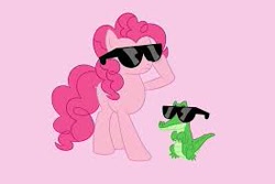 Size: 275x184 | Tagged: safe, derpibooru import, gummy, pinkie pie, earth pony, pony, pink background, simple background, sunglasses