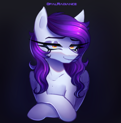 Size: 2940x2982 | Tagged: safe, artist:opal_radiance, derpibooru import, oc, oc only, oc:ghost, pegasus, pony, crossed hooves, eyebrows, female, folded wings, gradient background, high res, looking at you, mare, pegasus oc, signature, smiling, smiling at you, solo, wings