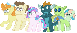 Size: 3068x1336 | Tagged: safe, artist:snoopy7c7, derpibooru import, baby rubble, coral currents, lumbar, pound cake, princess flurry heart, pumpkin cake, alicorn, changedling, changeling, dragon, earth pony, pegasus, pony, unicorn, female, group, male, mare, older, older coral currents, older flurry heart, older lumbar, older pound cake, older pumpkin cake, older rubble, simple background, stallion, white background