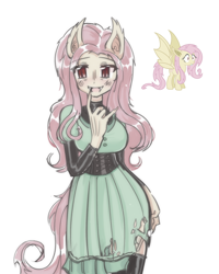 Size: 1602x2000 | Tagged: safe, artist:hachtrukachh, derpibooru import, fluttershy, bat pony, human, pony, bat ponified, blushing, clothes, corset, cute, cute little fangs, dress, eared humanization, fangs, female, flutterbat, humanized, mare, open mouth, race swap, shyabates, shyabetes, simple background, socks, solo, stockings, thigh highs, torn clothes, white background, winged humanization, wings