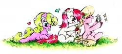 Size: 2728x1224 | Tagged: safe, artist:liaaqila, derpibooru import, daisy, flower wishes, lily, lily valley, roseluck, earth pony, pony, commission, cute, female, flower trio, mare, traditional art, trio, trio female