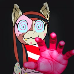 Size: 2255x2255 | Tagged: safe, derpibooru import, oc, oc only, oc:candymare, pony, :3, black background, creepypasta, front view, realistic hand, simple background, something sweet to bite, vibe check
