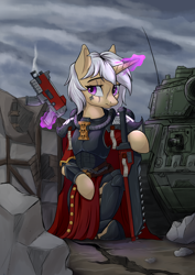 Size: 2480x3508 | Tagged: safe, artist:qwq2233, derpibooru import, tank, oc, unicorn, adepta sororitas, armor, chainsword, crossover, purity seal, sword, warhammer (game), warhammer 40k, weapon