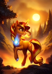 Size: 1536x2176 | Tagged: safe, ai content, derpibooru import, generator:easyfluff v11.2, machine learning generated, sunset shimmer, pony, unicorn, female, jewelry, magic, mare, prompter:aiponyanon, solo, sun, tree