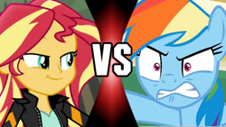 Size: 1281x720 | Tagged: safe, derpibooru import, rainbow dash, sunset shimmer, equestria girls, movie magic, the end in friend, spoiler:eqg specials, angry, rage, ragebow dash, smiling, smirk, smugset shimmer, vs