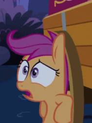 Size: 376x498 | Tagged: safe, derpibooru import, screencap, scootaloo, pegasus, pony, season 3, sleepless in ponyville, animated, bipedal, bipedal leaning, breathing, bush, cropped, female, filly, foal, forest, gif, grass, leaning, night, open mouth, outdoors, scared, solo, wagon, wagon wheel, wheel