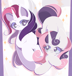 Size: 2750x2900 | Tagged: safe, artist:miryelis, derpibooru import, sweetie belle, sweetie belle (g3), pony, unicorn, g3, g4, big ears, duo, ears, female, full body, horn, long hair, looking at each other, looking at someone, mare, mlp fim's thirteenth anniversary, simple background, smiling, smiling at each other, sparkles