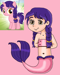 Size: 608x754 | Tagged: safe, artist:ocean lover, derpibooru import, human, mermaid, pony, unicorn, amber eyes, background pony, bandeau, bare midriff, bare shoulders, belly, belly button, braid, braided pigtails, child, female, filly, fins, fish tail, foal, friendship student, happy, human coloration, humanized, innocent, light skin, looking at you, mermaid tail, mermaidized, midriff, ms paint, pigtails, pink background, pink tail, purple hair, raspberry dazzle, reference, simple background, sleeveless, smiling, smiling at you, solo, species swap, tail, tail fin, two toned hair