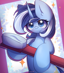 Size: 2350x2700 | Tagged: safe, artist:miryelis, derpibooru import, minuette, pony, unicorn, background pony, big ears, ears, female, looking at you, mare, signature, simple background, smiling, smiling at you, solo, sparkles, toothbrush