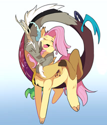 Size: 1733x2035 | Tagged: safe, artist:olive-man, derpibooru import, discord, fluttershy, draconequus, pegasus, affection, antlers, arms around neck, cuddling, discoshy, embrace, eyebrows, eyes closed, female, gradient background, happy, horn, hug, long body, male, open mouth, shipping, smiling, straight, white hair, wings