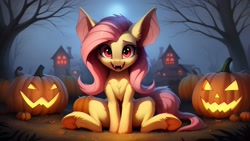 Size: 3072x1728 | Tagged: safe, ai content, derpibooru import, generator:easyfluff v11.2, generator:stable diffusion, machine learning generated, fluttershy, bat pony, pegasus, pony, bat ears, bat ponified, cheek fluff, chest fluff, cute, fangs, female, fluffy, flutterbat, halloween, holiday, jack-o-lantern, looking at you, mansion, mare, open mouth, open smile, prompter:siber, pumpkin, race swap, red eyes, shyabates, shyabetes, sitting, smiling, smiling at you, solo, spooky, underhoof