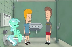 Size: 1080x715 | Tagged: safe, derpibooru import, edit, lyra heartstrings, human, pony, unicorn, slice of life (episode), anatomically incorrect, bathroom, bathroom stall, beavis and butthead, incorrect leg anatomy, not salmon, public bathroom, sitting, sitting on toilet, that pony sure does love humans, toilet, toilet paper, wat