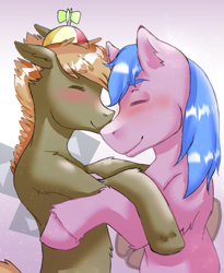 Size: 553x676 | Tagged: safe, artist:sehad, derpibooru import, button mash, oc, oc:mach mocha, earth pony, pony, canon x oc, commissioner:electricrodent, cutie mark, digital art, earth pony oc, gay, male, nuzzling, older, older button mash