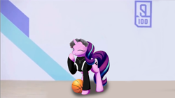 Size: 926x521 | Tagged: artist needed, source needed, safe, derpibooru import, edit, starlight glimmer, pony, unicorn, g4, alternate hairstyle, basketball, clothes, cosplay, costume, female, gray, looking at you, one eye closed, standing, wink, winking at you