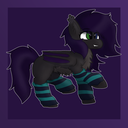 Size: 2000x2000 | Tagged: safe, artist:geo, derpibooru import, oc, oc:malaise, bat pony, clothes, gradient background, leg warmers, male, socks, stallion, striped socks