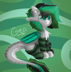 Size: 2022x2055 | Tagged: safe, artist:geo, derpibooru import, oc, oc only, oc:geo, draconequus, hybrid, bat wings, chest fluff, clothes, four ears, long tail, male, paws, sitting, socks, solo, striped socks, tail, wings