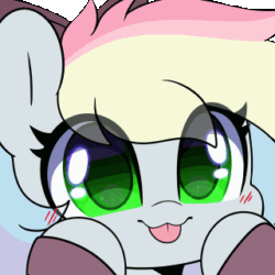 Size: 320x320 | Tagged: safe, artist:sakukitty, derpibooru import, oc, oc only, oc:blazey sketch, :p, animated, blinking, blushing, bow, clothes, cute, gif, green eyes, grey fur, hair bow, heart, multicolored hair, ocbetes, simple background, smiling, solo, sweater, tongue, tongue out, transparent background