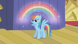 Size: 1280x720 | Tagged: safe, derpibooru import, screencap, rainbow dash, rainbow, spread wings, wingboner, wings