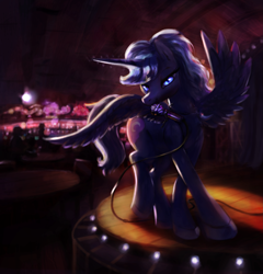 Size: 2595x2703 | Tagged: safe, artist:tiffortat, derpibooru import, oc, oc only, oc:midnight, alicorn, pony, bootleg, commission, female, indoors, karaoke, looking at you, mare, microphone, seductive look, singing, stage, strutting