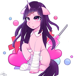 Size: 2048x2048 | Tagged: safe, artist:xiaowu07, derpibooru import, pony, unicorn, anime, cute, danganronpa, danganronpa 2, female, mare, mikan tsumiki, simple background, sitting, solo, white background