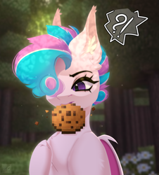 Size: 1952x2160 | Tagged: artist needed, source needed, safe, derpibooru import, oc, oc only, oc:sweetie swirl, bat pony, pony, commission, cookie, eyelashes, femboy, food, forest, male, minecraft, solo, ych result