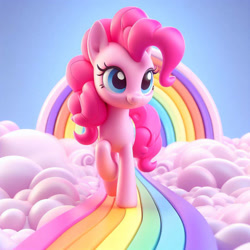 Size: 828x828 | Tagged: safe, ai content, artist:pinkiepiepics, derpibooru import, machine learning generated, pinkie pie, earth pony, pony, blue background, cloud, cute, diapinkes, female, mare, rainbow, rainbow trail, simple background, solo, walking