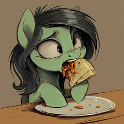 Size: 768x768 | Tagged: safe, ai content, derpibooru import, machine learning generated, oc, oc only, oc:anon filly, earth pony, pony, burrito, derp, eating, female, filly, foal, food, solo