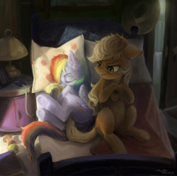 Size: 5695x5660 | Tagged: safe, artist:flvski, derpibooru import, applejack, rainbow dash, earth pony, pegasus, appledash, applejack is not amused, applejack's hat, bed, belly, butt, clothes, cowboy hat, crossed hooves, cute, dashabetes, female, hat, hug, jackabetes, lamp, lesbian, phone, pillow, plot, scrunchy face, shipping, sleeping, tail, tail hug, unamused