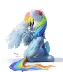Size: 7000x8000 | Tagged: safe, artist:flvski, derpibooru import, rainbow dash, pegasus, pony, butt, ear fluff, ears, feather, female, fluffy, grooming, looking at you, looking back, mare, one wing out, plot, preening, raised hoof, raised leg, signature, simple background, sitting, solo, tongue, tongue out, white background, wings