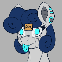 Size: 1684x1694 | Tagged: safe, artist:reddthebat, derpibooru import, oc, oc only, oc:syn (reddthebat), pony, robot, robot pony, blank stare, bust, female, gray background, mare, no pupils, post-it, simple background, solo, tongue, tongue out, vacant stare