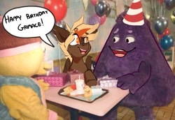 Size: 1161x800 | Tagged: safe, artist:jazzynsfw, derpibooru import, oc, oc:longshot, bird, duck, pegasus, pony, birthday, blob, drink, duo, grimace, grimace shake, male, mascot, mcdonald's, meme, pegasus oc, restaurant, stallion