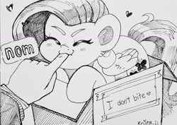 Size: 2048x1450 | Tagged: safe, artist:krista-21, derpibooru import, fluttershy, human, pegasus, pony, biting, blatant lies, box, cardboard box, cute, female, floating heart, grayscale, heart, inktober, mare, monochrome, nom, offscreen character, pony in a box, shyabetes, solo focus, traditional art