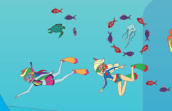 Size: 814x523 | Tagged: safe, artist:polorenzielephant, artist:shoxxe, derpibooru import, adagio dazzle, applejack, rainbow dash, fish, human, jellyfish, seahorse, equestria girls, clothes, female, offscreen character, offscreen female, sea turtle, snorkel, snorkeling, swimsuit