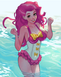 Size: 3200x4000 | Tagged: safe, artist:joe pekar, derpibooru import, part of a set, pinkie pie, equestria girls, equestria girls series, forgotten friendship, alternate hairstyle, clothes, female, legs in the water, legs together, looking at you, ocean, one-piece swimsuit, partially submerged, pinkie pie swimsuit, smiling, smiling at you, solo, swimsuit, water
