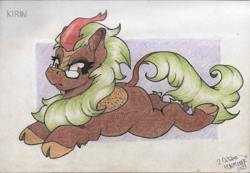 Size: 1735x1204 | Tagged: safe, artist:adilord, derpibooru import, cinder glow, summer flare, kirin, sounds of silence, cloven hooves, colored pencil drawing, glasses, lidded eyes, looking back, lying down, ponytober, ponytober 2023, prone, simple background, solo, traditional art
