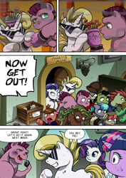 Size: 1204x1700 | Tagged: safe, artist:tarkron, derpibooru import, rarity, twilight sparkle, twilight sparkle (alicorn), oc, oc:cosmo cool, alicorn, earth pony, pony, unicorn, comic:the royal sandal, broken, sunglasses, vase